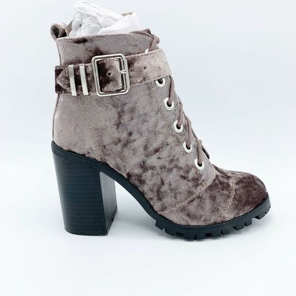 Qupid Shoes - Qupid Velvet Ankle Boots Block Heel Lace Up Buckle
